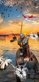 Knight in armor rowing on a sunset-lit lake with birds overhead.