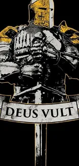 Medieval knight in armor with Deus Vult banner on a black background.