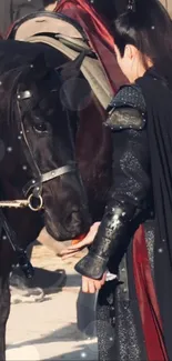 Medieval knight in black armor with horse.