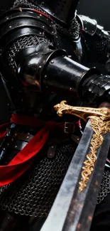 Knight in detailed armor holding ornate sword.