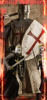 Medieval knights in armor with shields and Templar cross design.