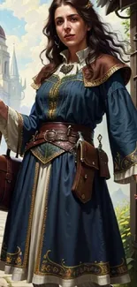 Medieval lady in a blue dress standing on a cobblestone path.