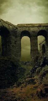 Dark green medieval ruins with archways against a cloudy sky.