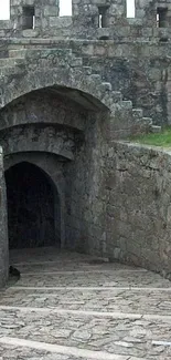 Archway entrance of a stone fortress.