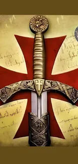 Medieval sword and red cross on vintage background.