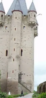 Majestic medieval tower under cloudy sky.