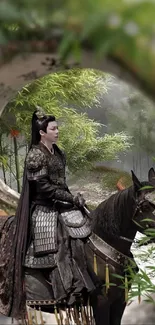 Medieval warrior in armor on horseback in a lush bamboo forest.