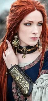 Medieval warrior woman with red hair in detailed attire.