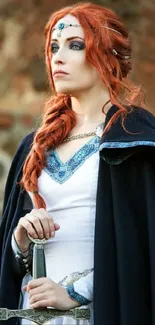 Medieval warrior woman with red hair and sword, set against a stone backdrop.