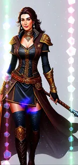 Epic artwork of a female medieval warrior with intricate armor and a spear.