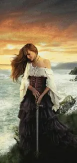 Medieval woman with sword on ocean cliff at sunset.