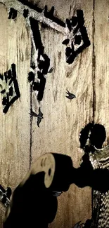 Intricate medieval wooden door with metal accents casting shadows.