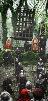 Medieval woodland assembly scene with warriors and banners.