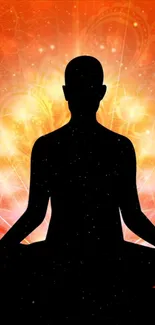 Silhouette in meditation pose with vibrant, spiritual background.