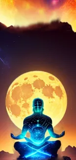 Meditative figure under a vibrant cosmic sky with a glowing moon.