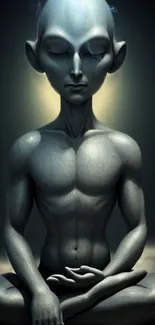 Gray alien meditating in a serene pose, art wallpaper.