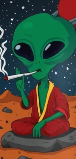Cartoon alien meditating with a cigarette in space.