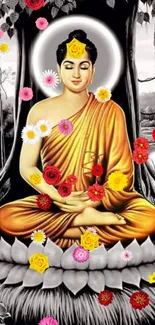 Serene Buddha sitting under a tree in meditation art wallpaper.