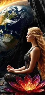 Woman meditating in lotus pose with cosmic backdrop.