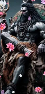 Mythical deity seated with floral surroundings.