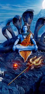 Deity meditating surrounded by snakes in mystical scenery.
