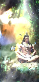 Lord Shiva in meditation surrounded by forest and butterflies.