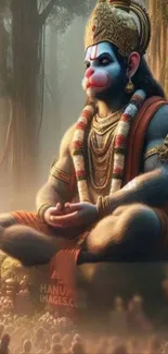 Meditative Hanuman sitting in a mystical forest setting mobile wallpaper.