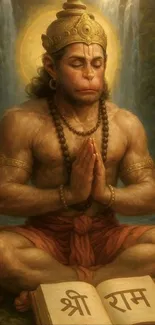 Hanuman meditating with scripture in earthy tones.