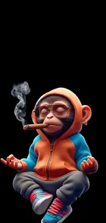 Cartoon monkey meditating in a hoodie with a cigar on a black background.