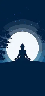 Silhouette meditating under a full moon with a deep blue night sky background.