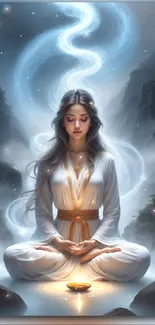 Meditative woman with glowing aura by a serene landscape, perfect for relaxation.