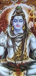 Meditative Lord Shiva in serene pose, rich colors and divine elements.