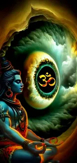 Lord Shiva meditates near cosmic eye with vibrant colors.