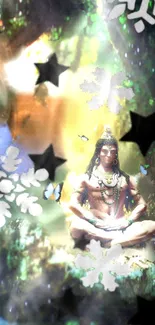 Shiva meditating in a mystical forest with celestial overlays.