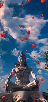 Lord Shiva in meditation with heart-shaped clouds in the sky.