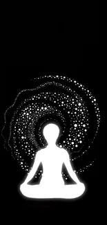 Meditative silhouette with starry background on phone wallpaper.