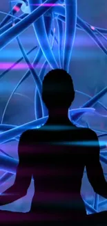 Silhouette in meditation pose with blue neural patterns.