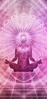 Silhouette meditating on pink mandala with spiritual ambiance.