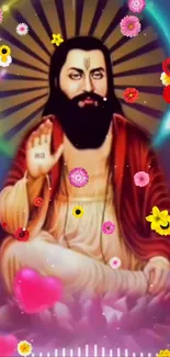 Spiritual figure in meditation with colorful flowers and violet background.