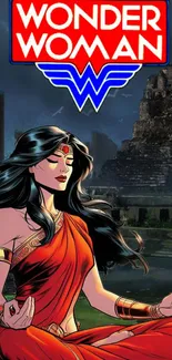 Wonder Woman meditating by ancient ruins.