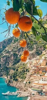 Mediterranean coastal town with oranges and blue sea.