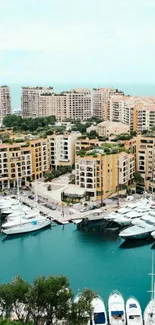 Mediterranean coastal cityscape with yachts and turquoise waters.