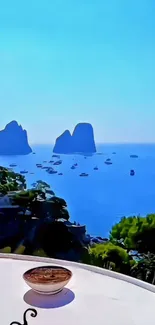 Stunning Mediterranean coastal view with ocean, cliffs, and blue sky.