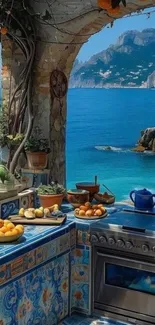 Mediterranean kitchen with seaside view and ocean backdrop.