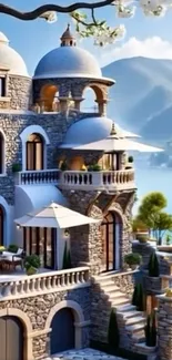 Mediterranean villa by a serene blue lake.