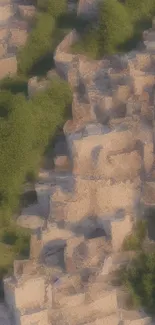 Aerial view of a Mediterranean village with tan buildings and greenery.