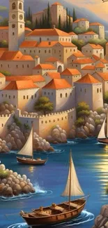 Mediterranean village with boats and orange rooftops on a blue sea.