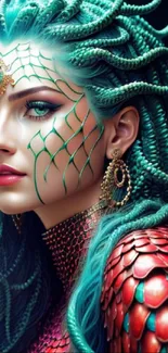 Fantasy Medusa artwork with vibrant teal hair and scales.