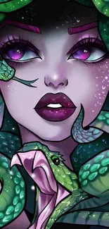 Medusa themed wallpaper with green serpents and a mystical touch.