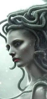 Surreal Medusa fantasy wallpaper with gray tones and artistic style.